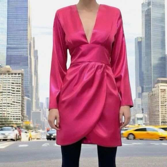 Zara Pink Metallic Foil Laminated Deep V Neck Longsleeve Dress, New - Picture 4 of 7